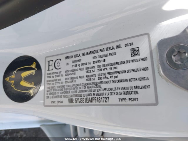 5YJ3E1EA4PF481727 Tesla 2023