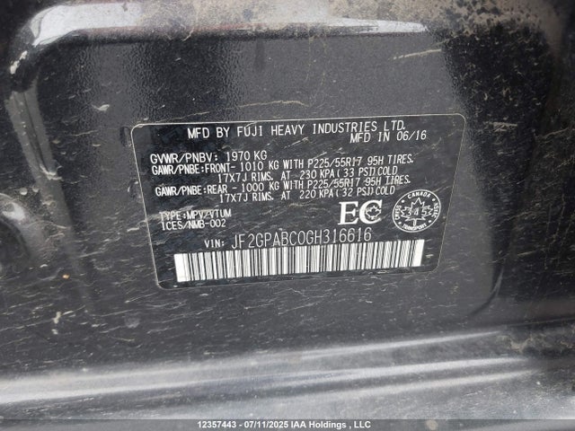 JF2GPABC0GH316616 Subaru naturally aspirated