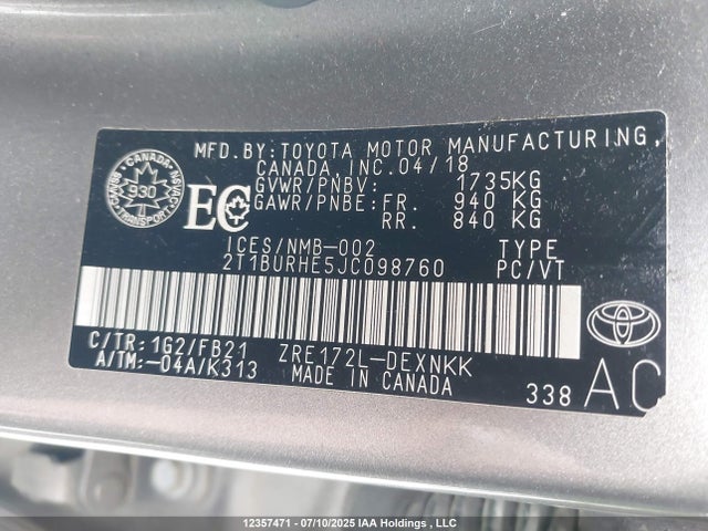 2T1BURHE5JC098760 Toyota 2zr-fe