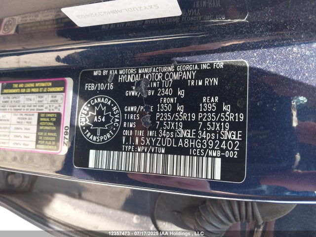 5XYZUDLA8HG392402 Hyundai t-gdi theta ii