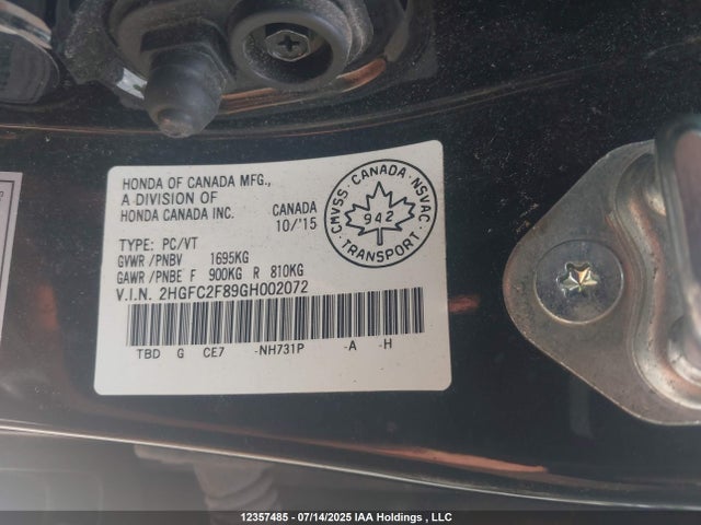 Honda k20c2 2016 2HGFC2F89GH002072 Image 9