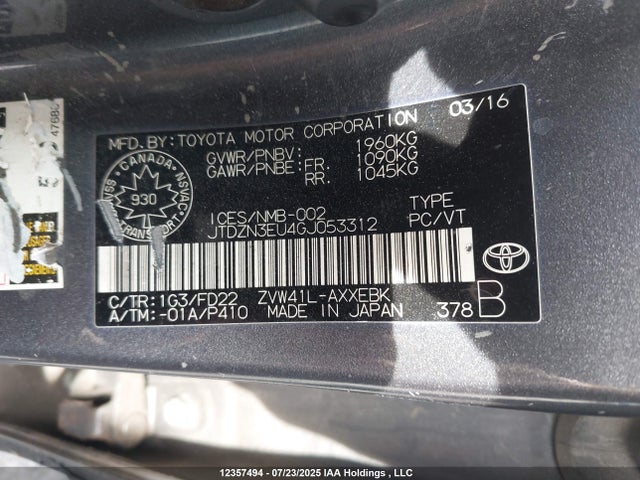 JTDZN3EU4GJ053312 Toyota 2zr-fxe, 5jm