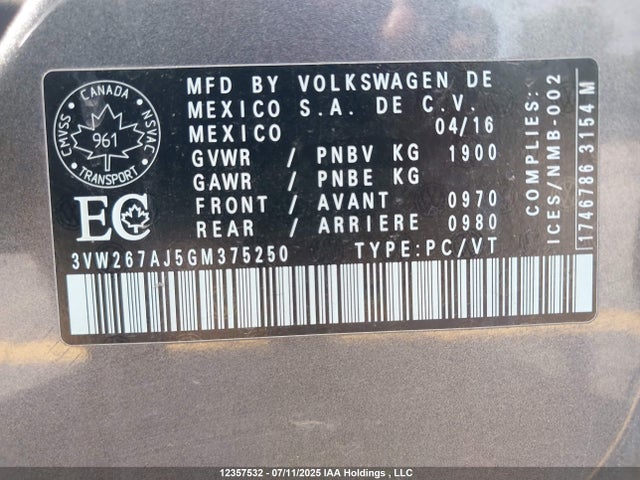 3VW267AJ5GM375250 Volkswagen 1.4t