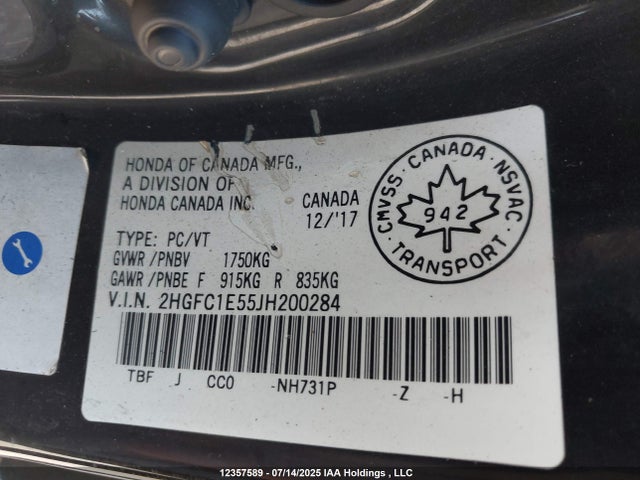 2HGFC1E55JH200284 Honda l15b7