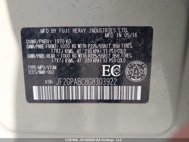 JF2GPABC8G8303922 Subaru naturally aspirated