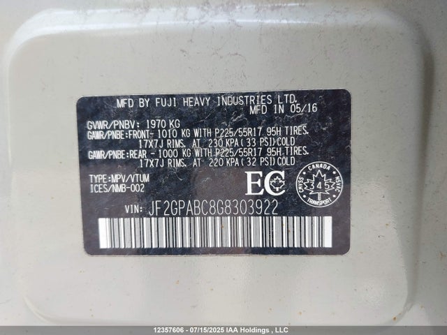 JF2GPABC8G8303922 Subaru naturally aspirated