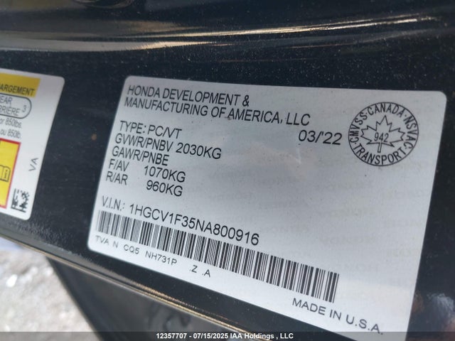 1HGCV1F35NA800916 Honda l15be