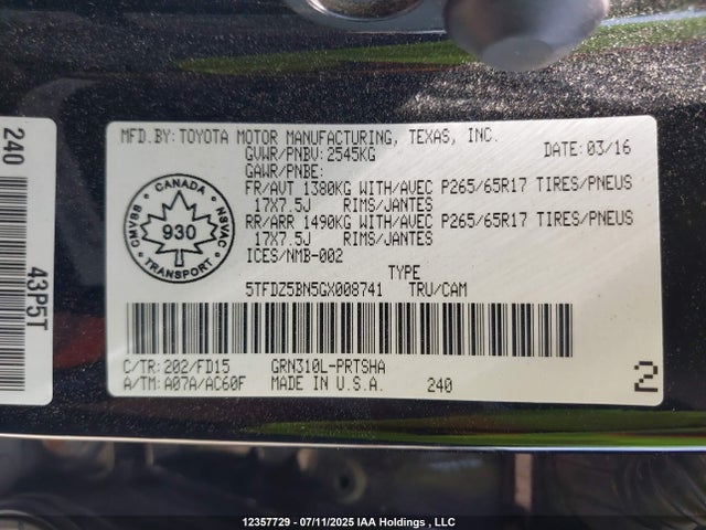 5TFDZ5BN5GX008741 Toyota 2gr-fks