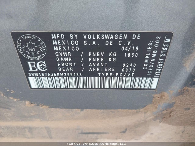 3VW167AJ5GM365488 Volkswagen 2016