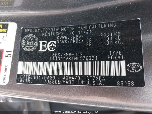 4T1G11AKXMU576321 Toyota a25a-fks