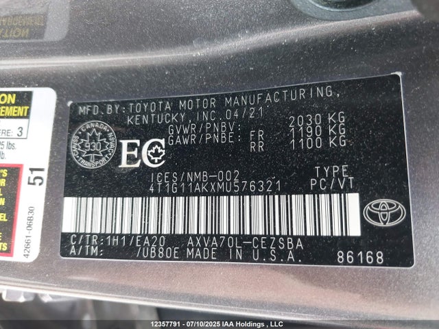 4T1G11AKXMU576321 Toyota a25a-fks