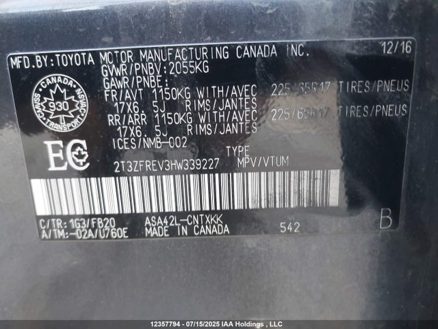 2T3ZFREV3HW339227 Toyota 2ar-fe