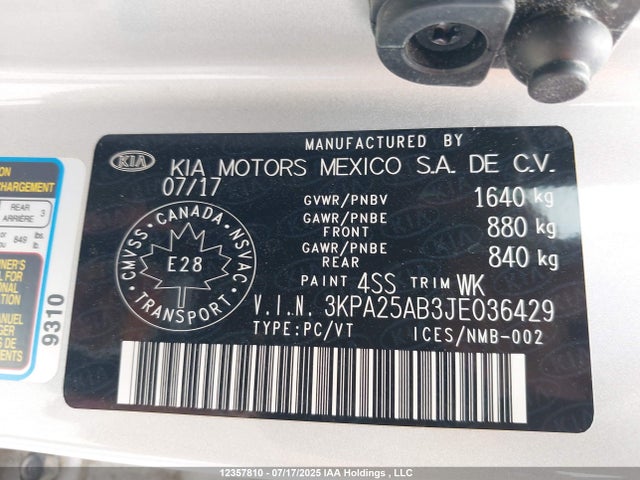 3KPA25AB3JE036429 KIA gdi gamma