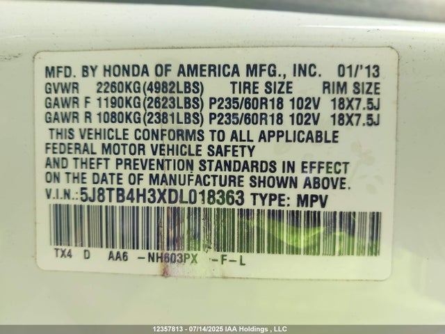Aukcja sprzedaży 2013 Acura Rdx, vin: 5J8TB4H3XDL018363, numer aukcji: 12357813