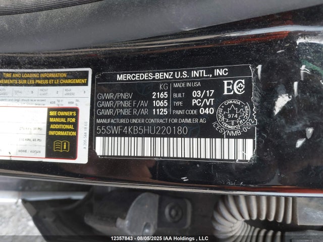 12357843 :رقم المزاد ، 55SWF4KB5HU220180 vin ، 2017 Mercedes-benz C-class مزاد بيع