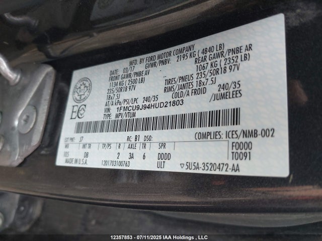 1FMCU9J94HUD21803 Ford 2017