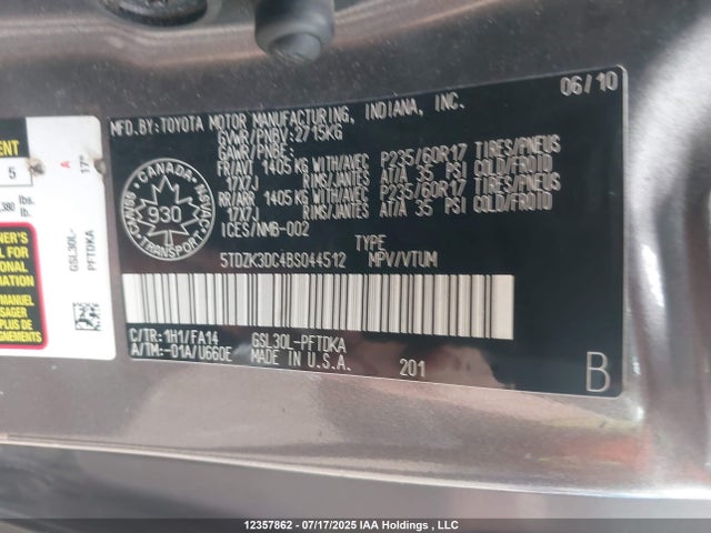 Aukcja sprzedaży 2011 Toyota Sienna, vin: 5TDZK3DC4BS044512, numer aukcji: 12357862