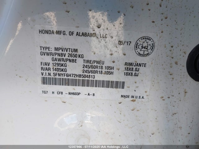 5FNYF6H72HB504813 Honda j35y6