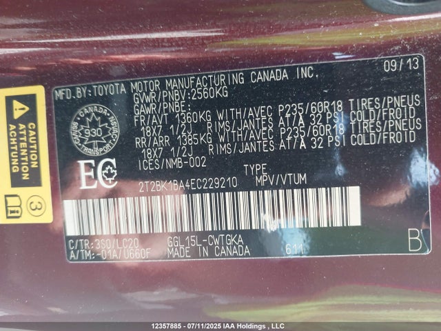 2T2BK1BA4EC229210 Lexus 2gr-fe