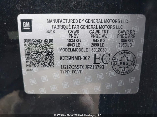 1G1ZC5ST6JF218793 Chevrolet lfv - direct injection, variable valve timing, gen 1