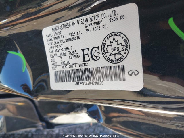 JN1FV7LL2NM680478 Infiniti 3.0l tt