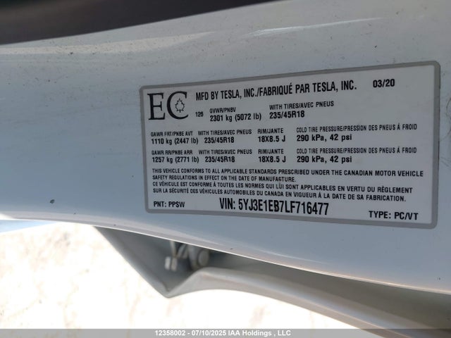 5YJ3E1EB7LF716477 Tesla MODEL 3