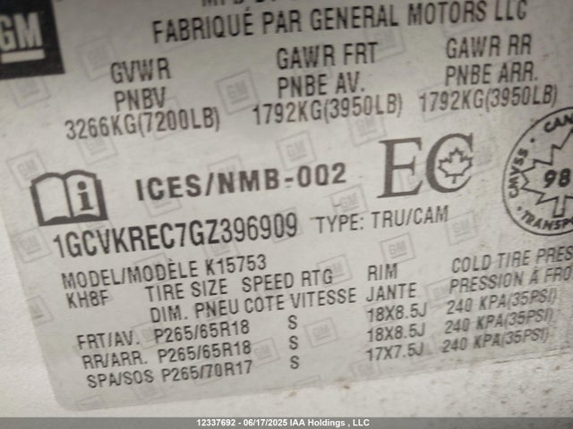 1GCVKREC7GZ396909 Chevrolet l83 - sidi, vvt, afm, e85 max, aluminum