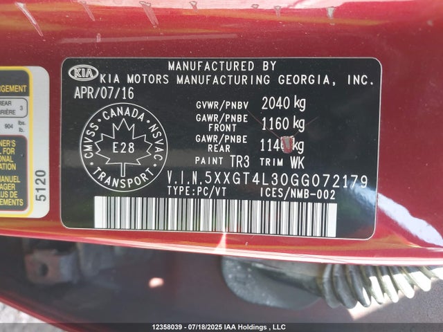 5XXGT4L30GG072179 KIA t-gdi theta ii