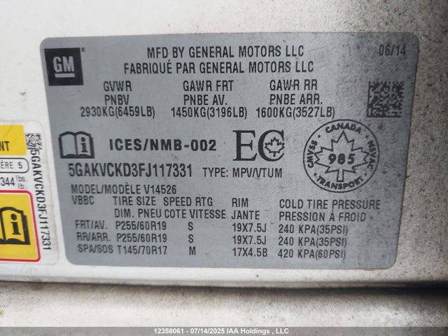 5GAKVCKD3FJ117331 Buick llt