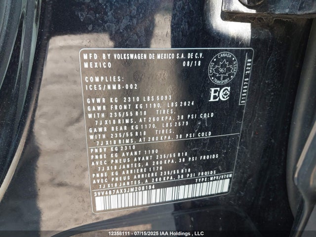3VV4B7AX3JM208194 Volkswagen Tiguan Sel Premium