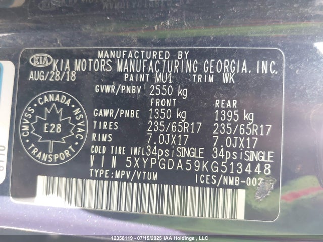 5XYPGDA59KG513448 KIA gdi lambda-ii