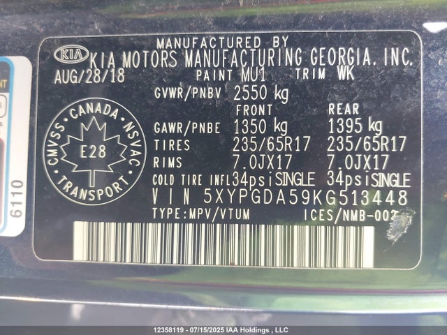 5XYPGDA59KG513448 KIA gdi lambda-ii