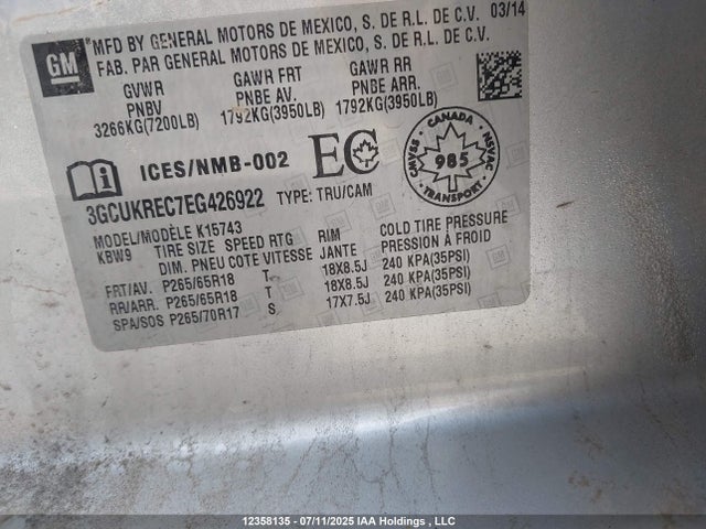 3GCUKREC7EG426922 Chevrolet l83 - vvt, afm (active fuel management), aluminum