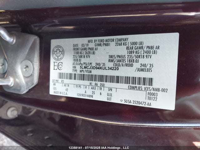 Lincoln 2.0l ecoboost 2019 5LMCJ3D94KUL34220 Image 9