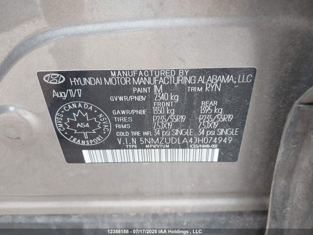 5NMZUDLA4JH074949 Hyundai t-gdi theta ii