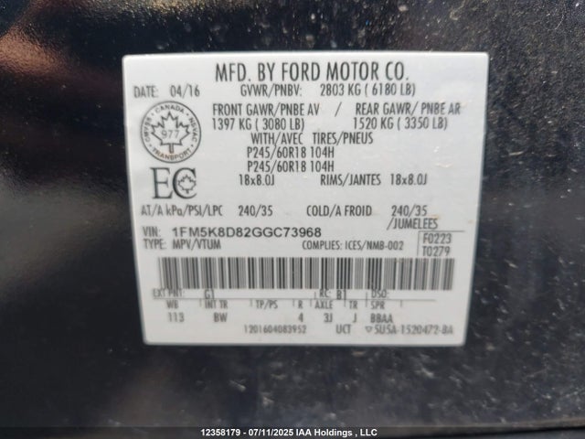 1FM5K8D82GGC73968 Ford 2016