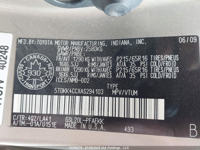 12355276 :رقم المزاد ، 5TDKK4CCXAS294103 vin ، 2010 Toyota Sienna Le V6 مزاد بيع