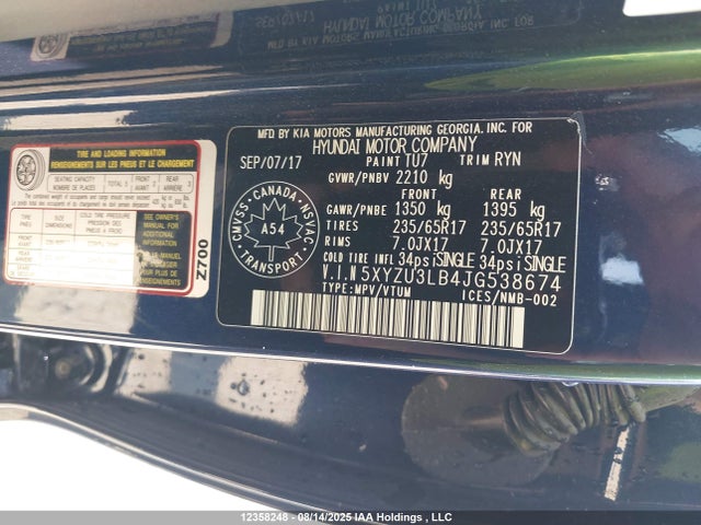 5XYZU3LB4JG538674 Hyundai gdi theta ii