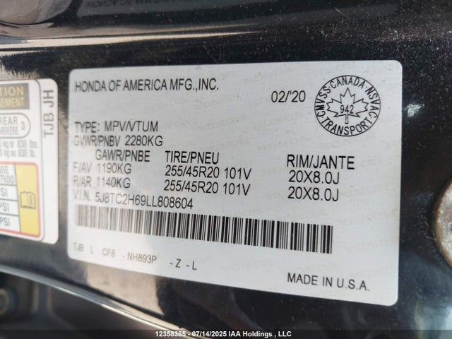 Acura k20c4 2020 5J8TC2H69LL808604 Image 9