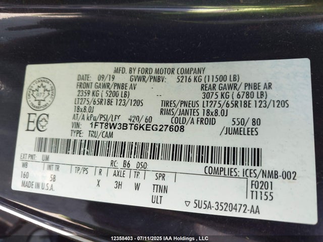 1FT8W3BT6KEG27608 Ford 2019