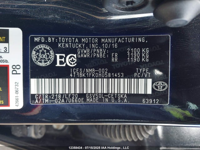 4T1BK1FK0HU581453 Toyota 2gr-fe