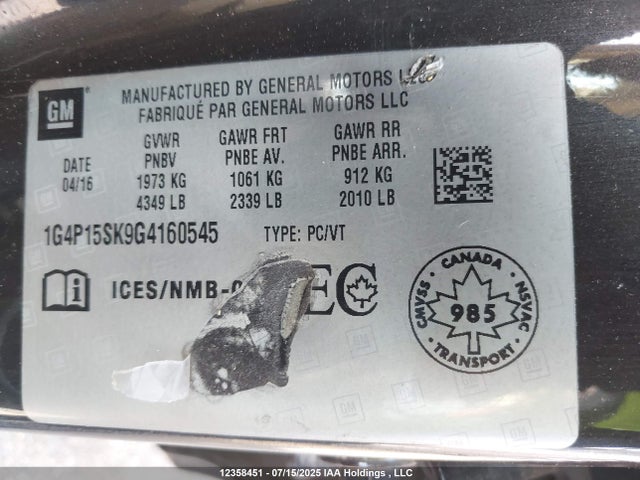 1G4P15SK9G4160545 Buick lea - gas/alc, sidi, alum, ho