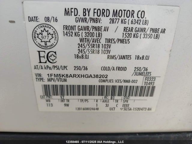 1FM5K8ARXHGA38202 Ford 3.7l ti-vct