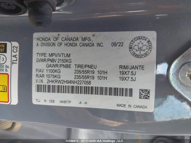 2HKRW2H94NH227058 Honda l15be