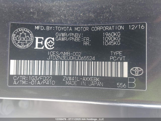 JTDZN3EU0HJ065524 Toyota 2zr-fxe, 5jm