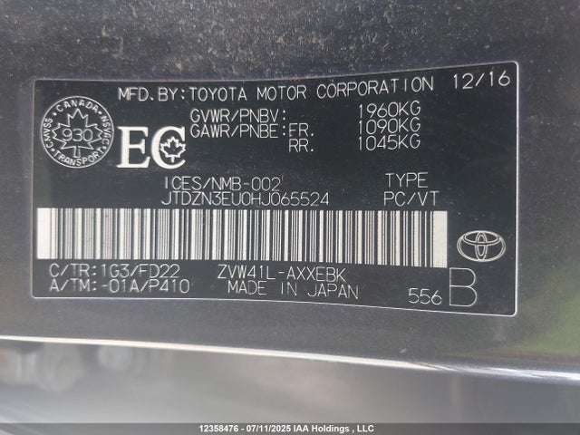 JTDZN3EU0HJ065524 Toyota 2zr-fxe, 5jm
