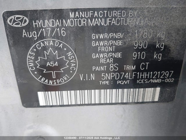 5NPD74LF1HH121297 Hyundai 2017