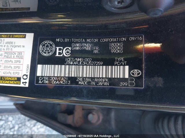 JTNKARJE3HJ527259 Toyota 2zr-fae
