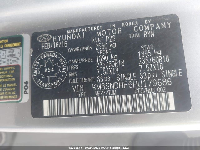 KM8SNDHF6HU179686 Hyundai gdi lambda ii