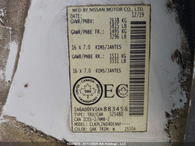 1N6AD0FV1KN883458 Nissan Frontier